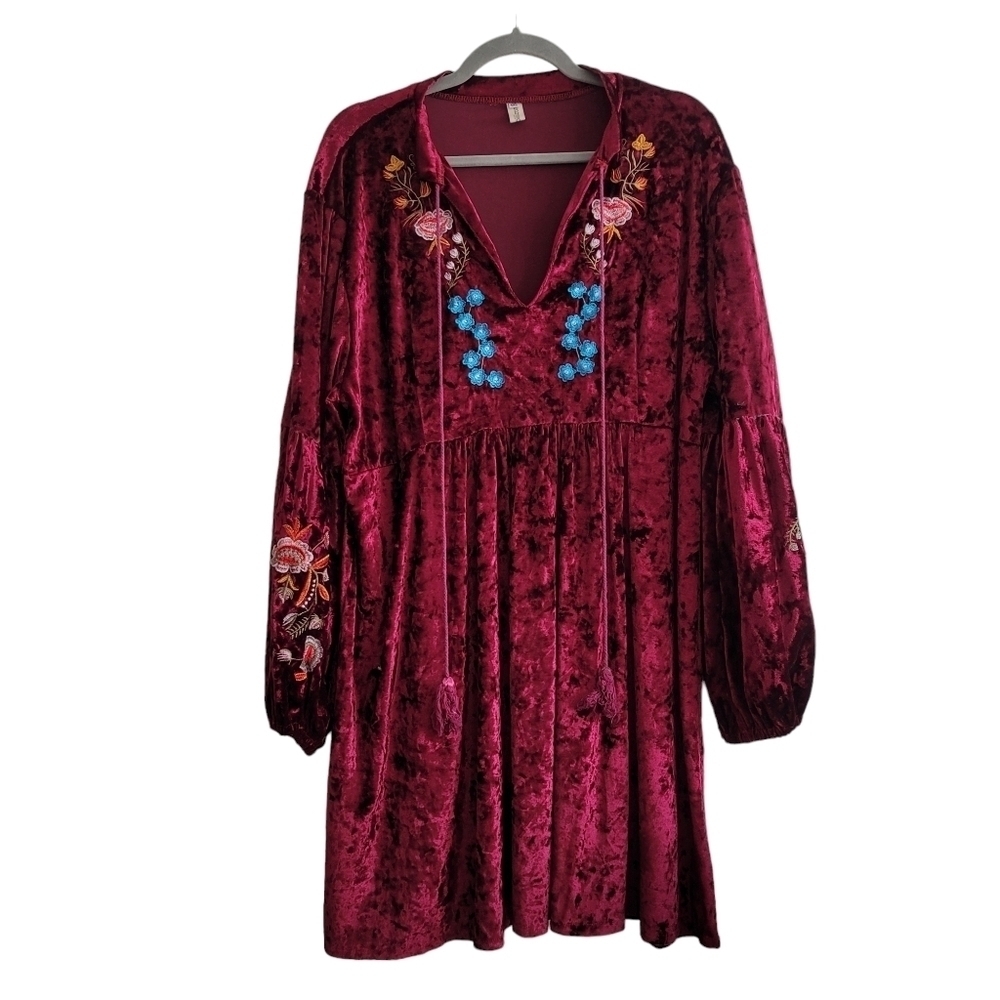 Maroon 2X Velour Embroidered Floral Balloon Sleeve‎ Dress